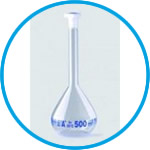 Volumetric flasks, borosilicate glass 3.3, class A, blue graduated, with PE stoppers