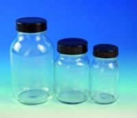 Wide neck bottles, clear glass, with screw cap, plastic