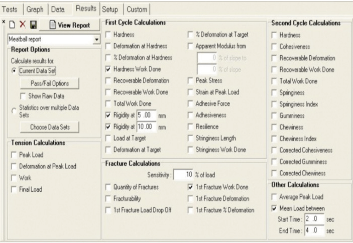 Texture Analyser Screen Shows Choices for Measured and Calculated Values