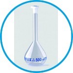 Volumetric flasks, borosilicate glass 3.3, class A, blue graduated, with PE stoppers