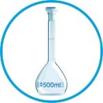 Volumetric flasks, borosilicate glass 3.3, class A, blue graduations, with PP stoppers, incl. DAkkS calibration certificate